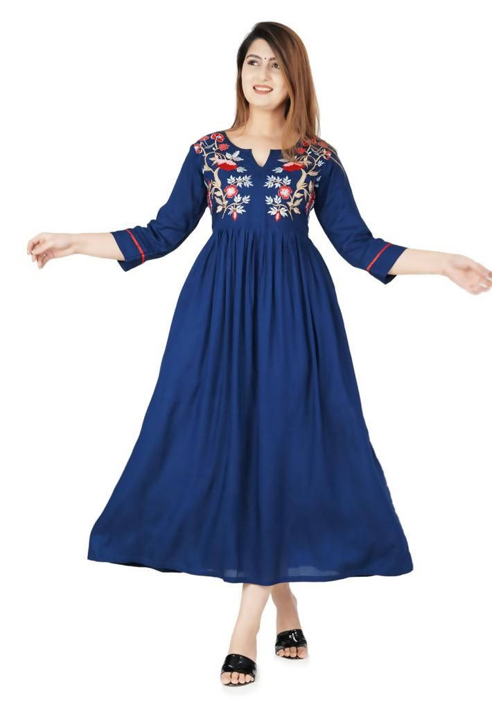 Vamika Blue Rayon Embroidery Party/Casual Wear Kurti