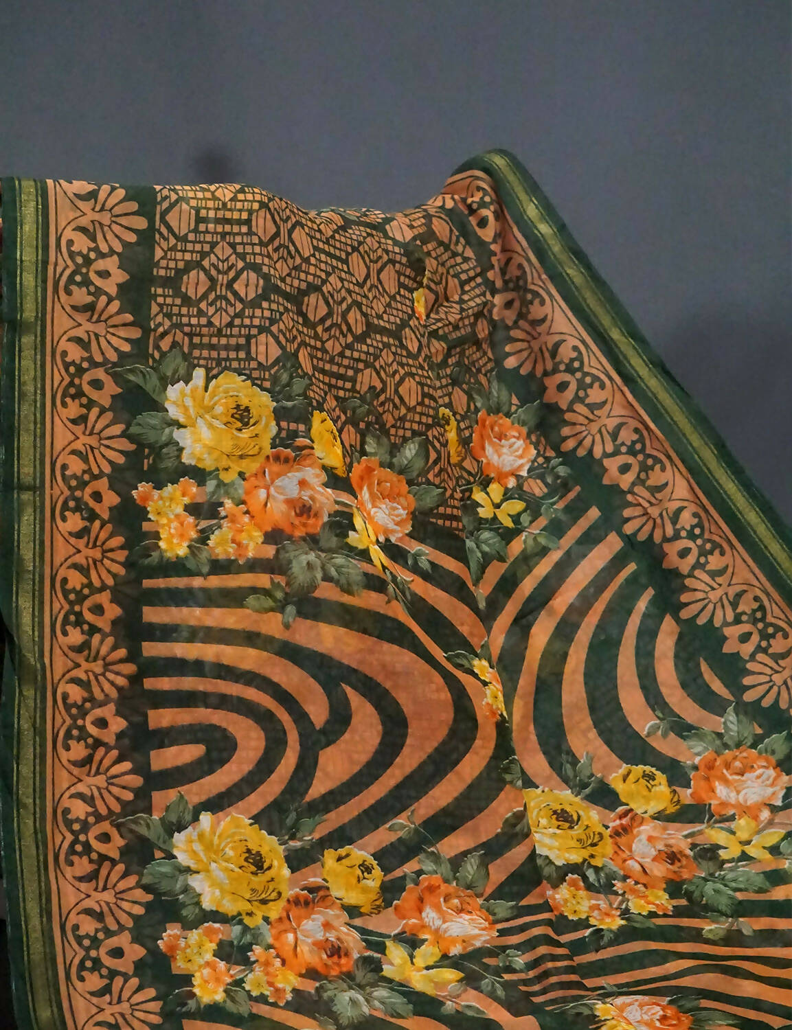 Shades Of Dark Leaf Green Floral Design Semi Chanderi Saree By Gayathri Reddy Designer Studio - Distacart