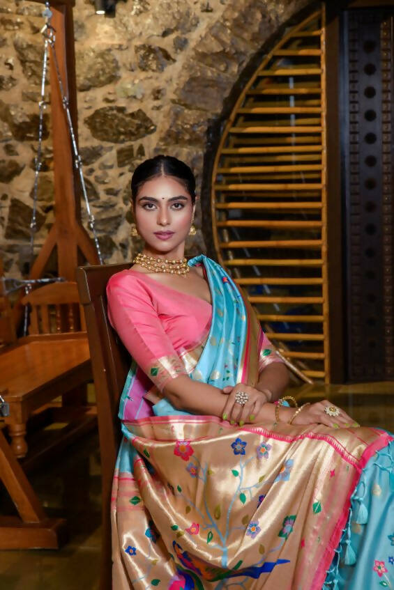 Vishnu Weaves Women's Firozi Paithani Silk Zari Woven Saree with Unstitched Blouse - Distacart