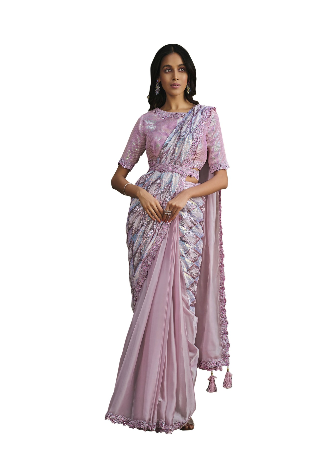 Light Pink Crepe Satin Silk Sequence Embroidered Saree With Stitched Blouse - Mohmanthan La Belle - Distacart