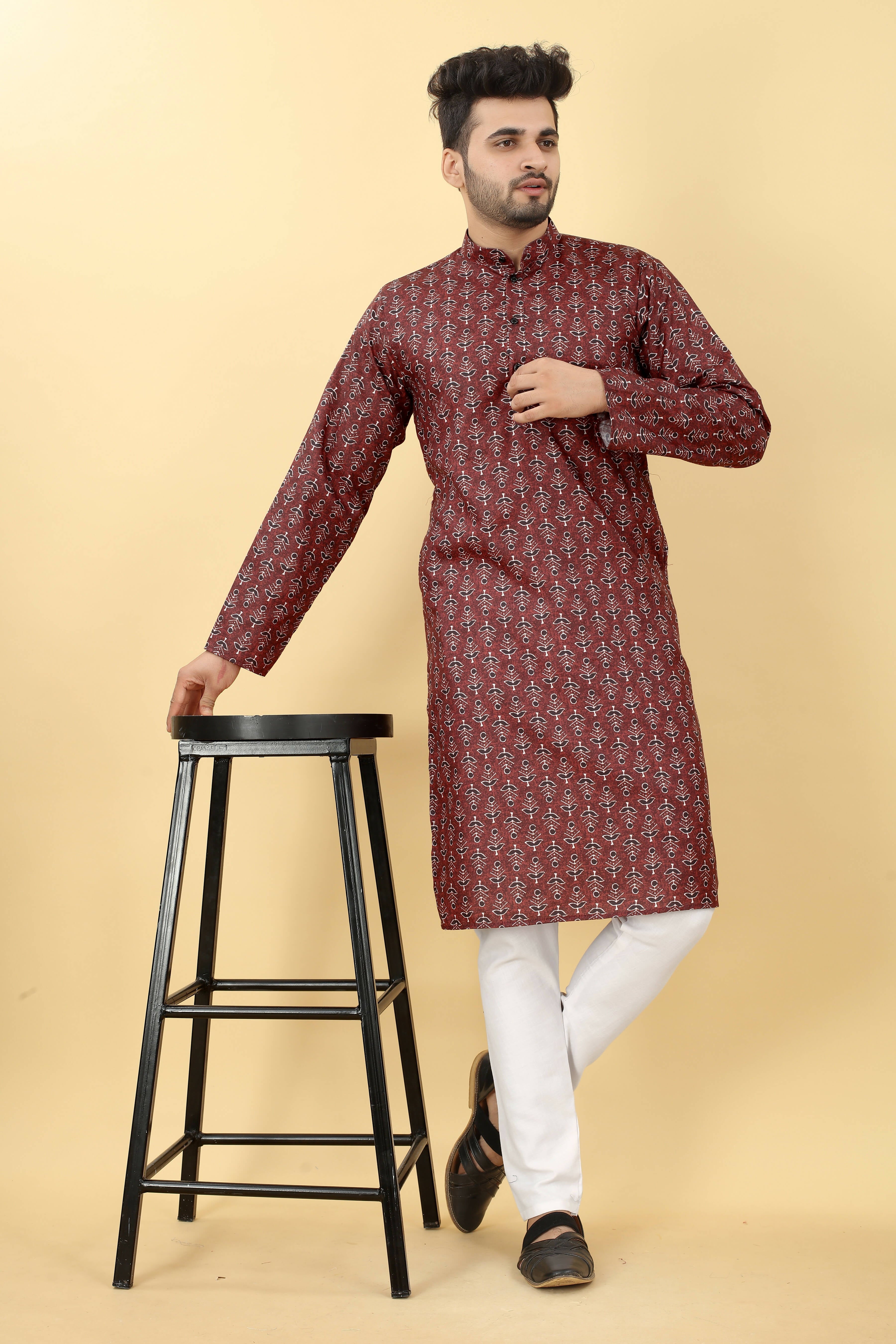 Maroon Cotton Printed Men's Kurta - Mahotsav - Distacart