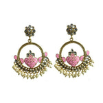 Thumbnail for Tiaraa Pink Trational Meenakari Kundan Lotus Beaded Fashion Chandbali Earrings - Distacart