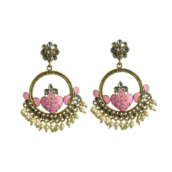 Tiaraa Pink Trational Meenakari Kundan Lotus Beaded Fashion Chandbali Earrings - Distacart