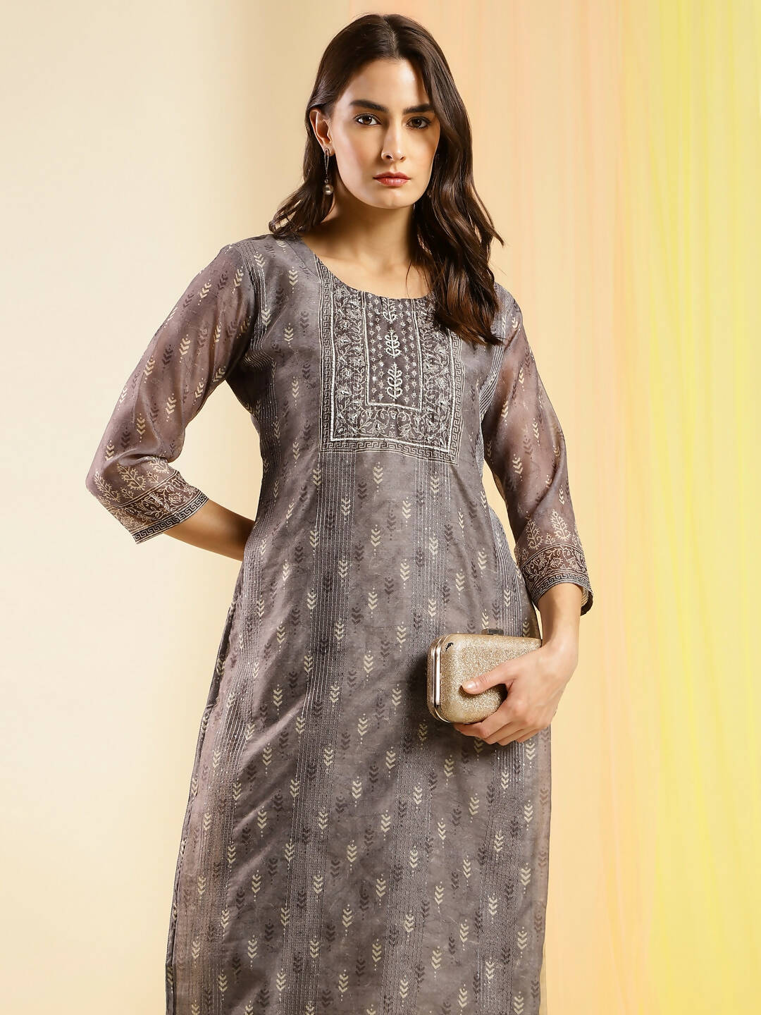 Grey Chinon Digital Printed With Hand Work Kurta - Himanshi - Distacart