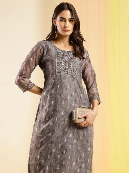 Grey Chinon Digital Printed With Hand Work Kurta - Himanshi - Distacart