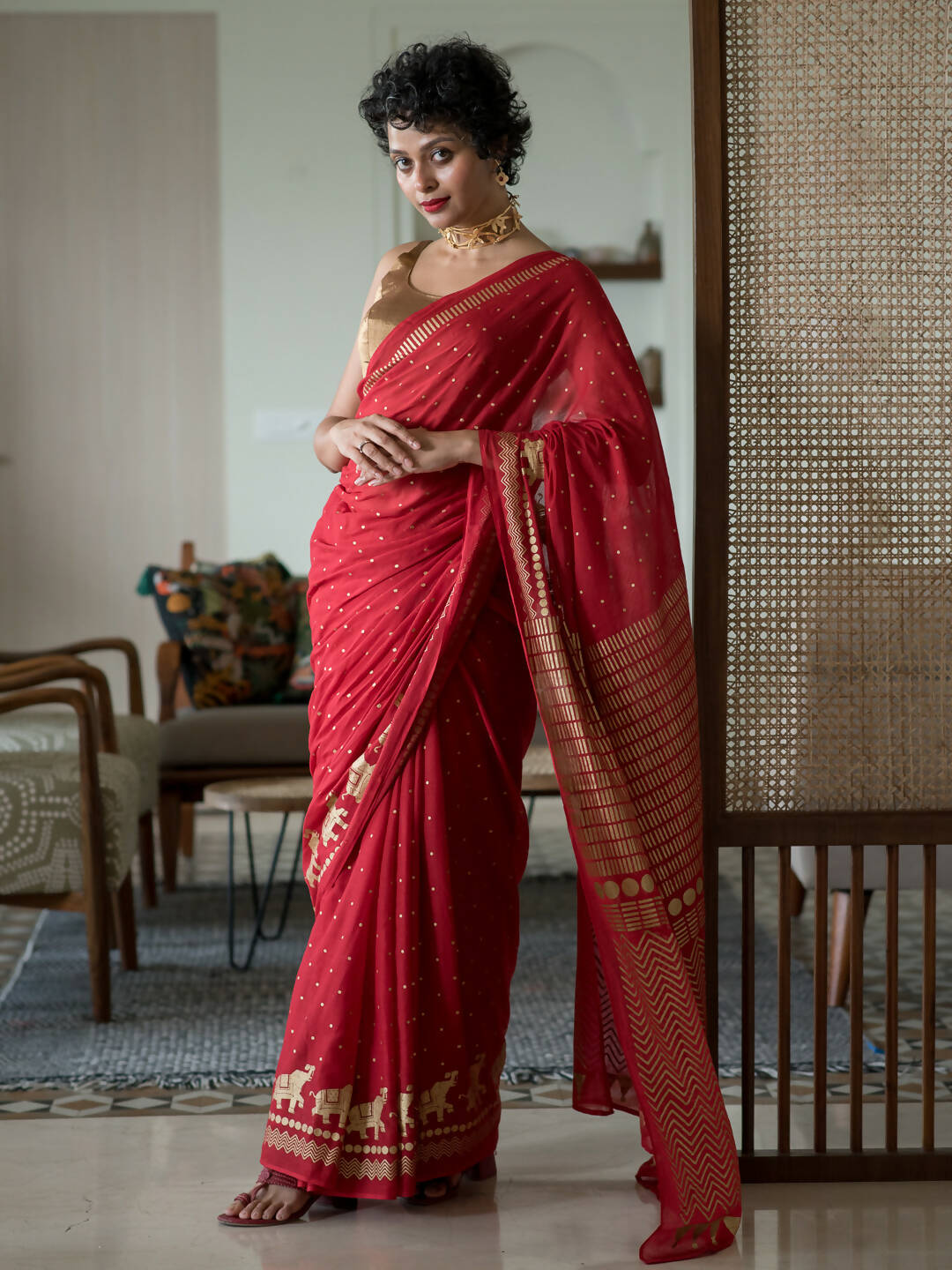 Suta Red Polka Dots Cotton Blend Saree - Distacart