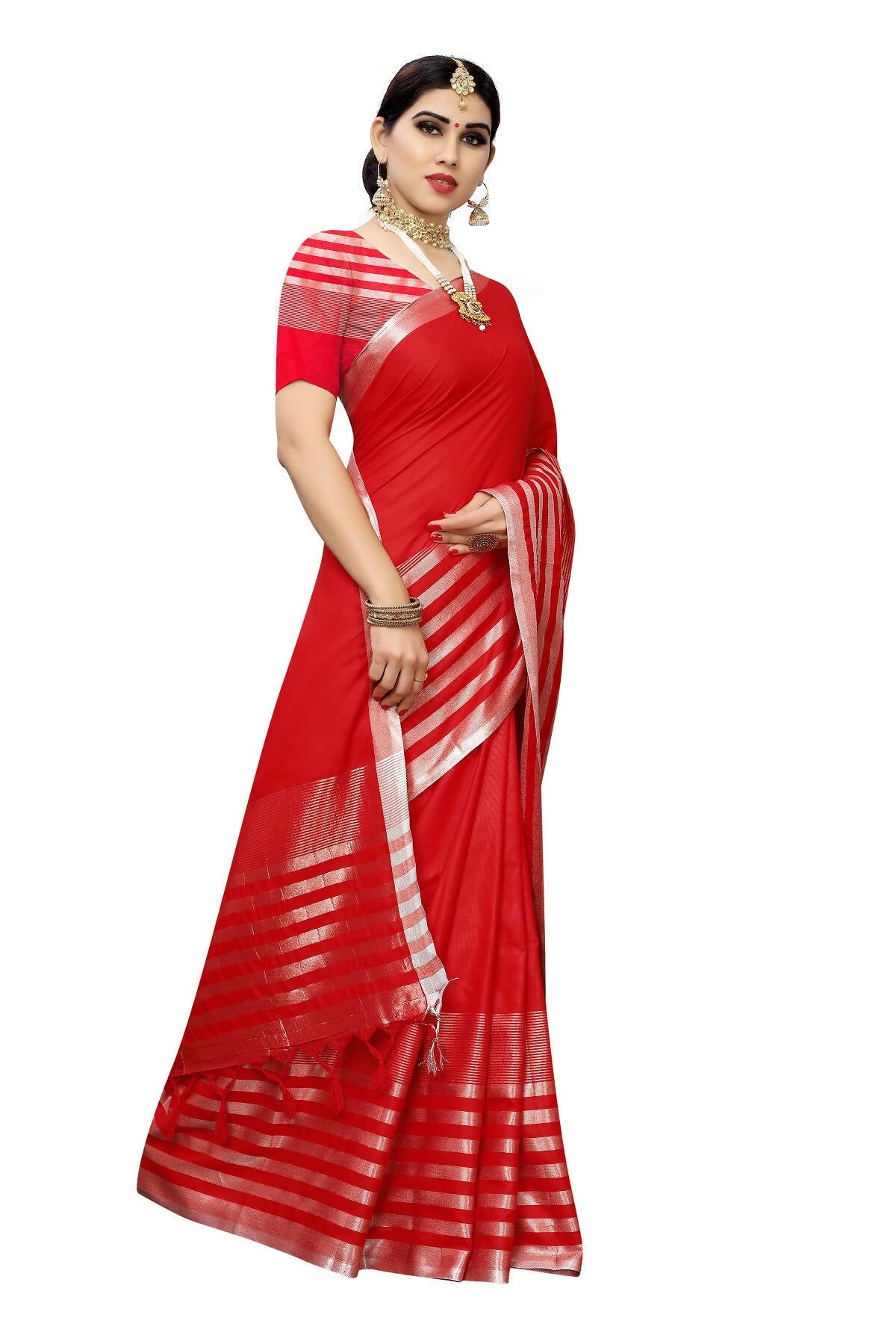 Vamika Red Cotton Silk Weaving Saree (Twitter Red) - Distacart