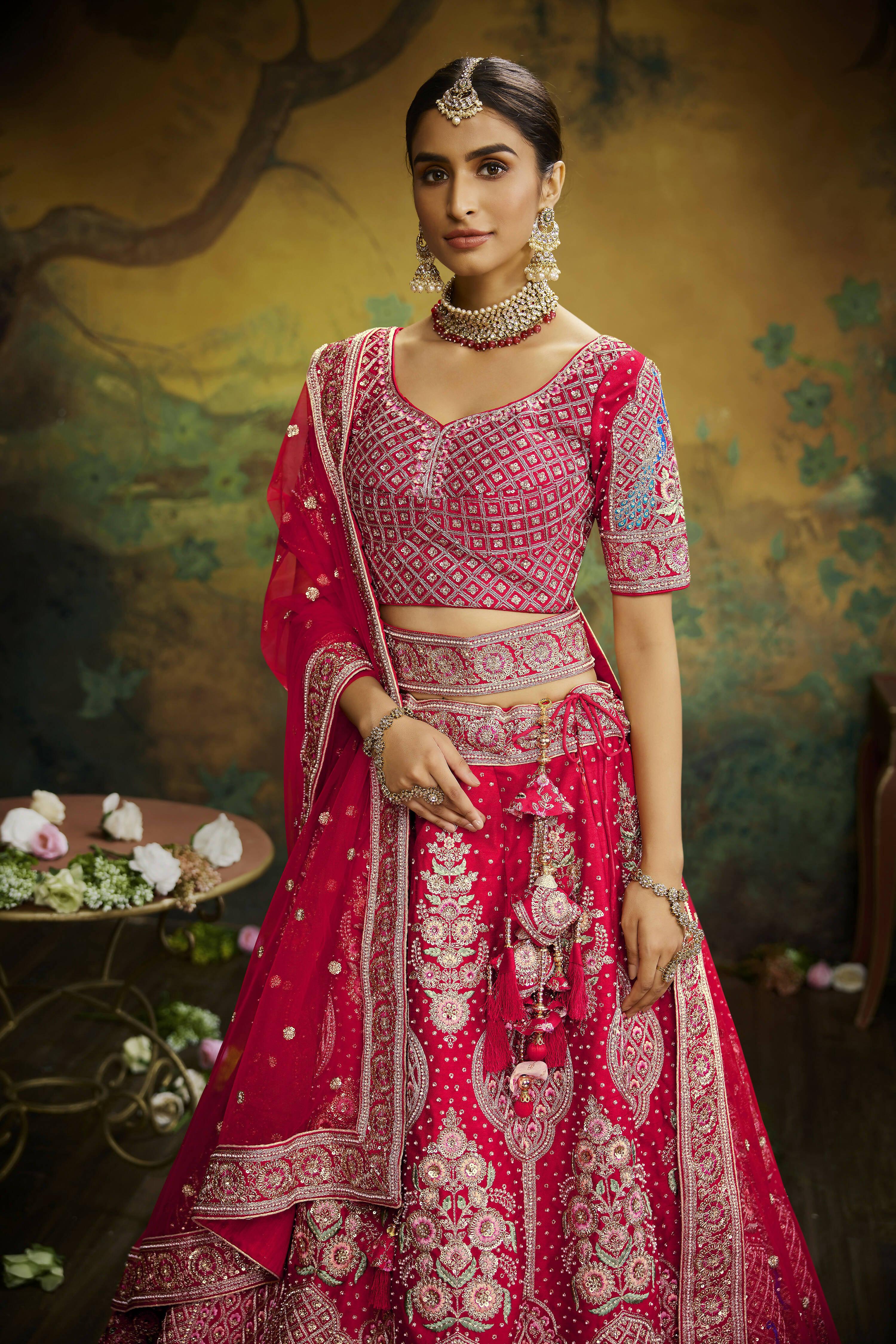House of Panchhi Red Pure Silk Moti & Zarkan heavy embroidery Lehenga choli & Dupatta - Distacart