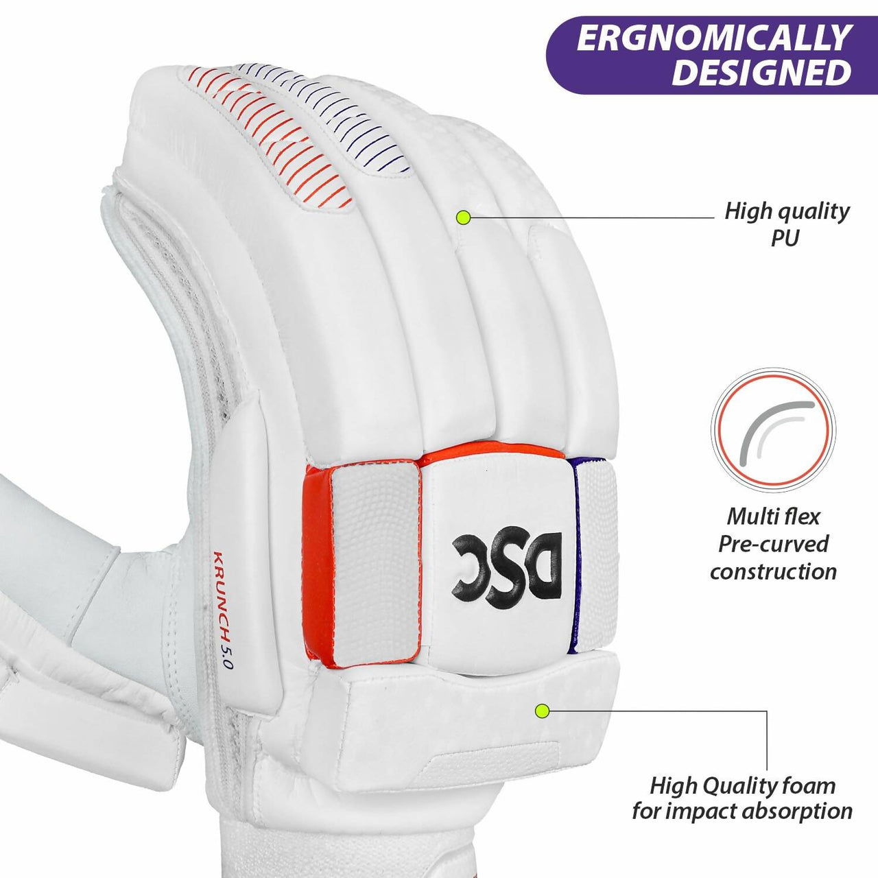 DSC Krunch 7.0 Men's Leather Right Hand Cricket Batting Gloves - Size Small (White Orange) - Distacart