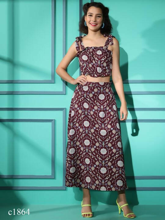 Wine Crepe Floral Printed Top with Matching Skirt - Shivani - Distacart
