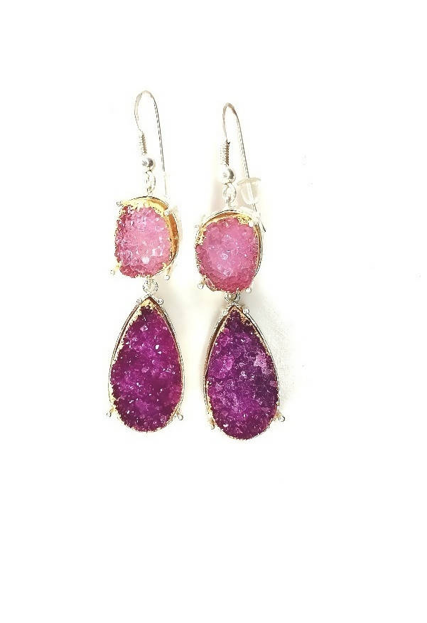 Bling Accessories Pink / Fuchsia Druzy Semi Precious Natural Stone Earrings