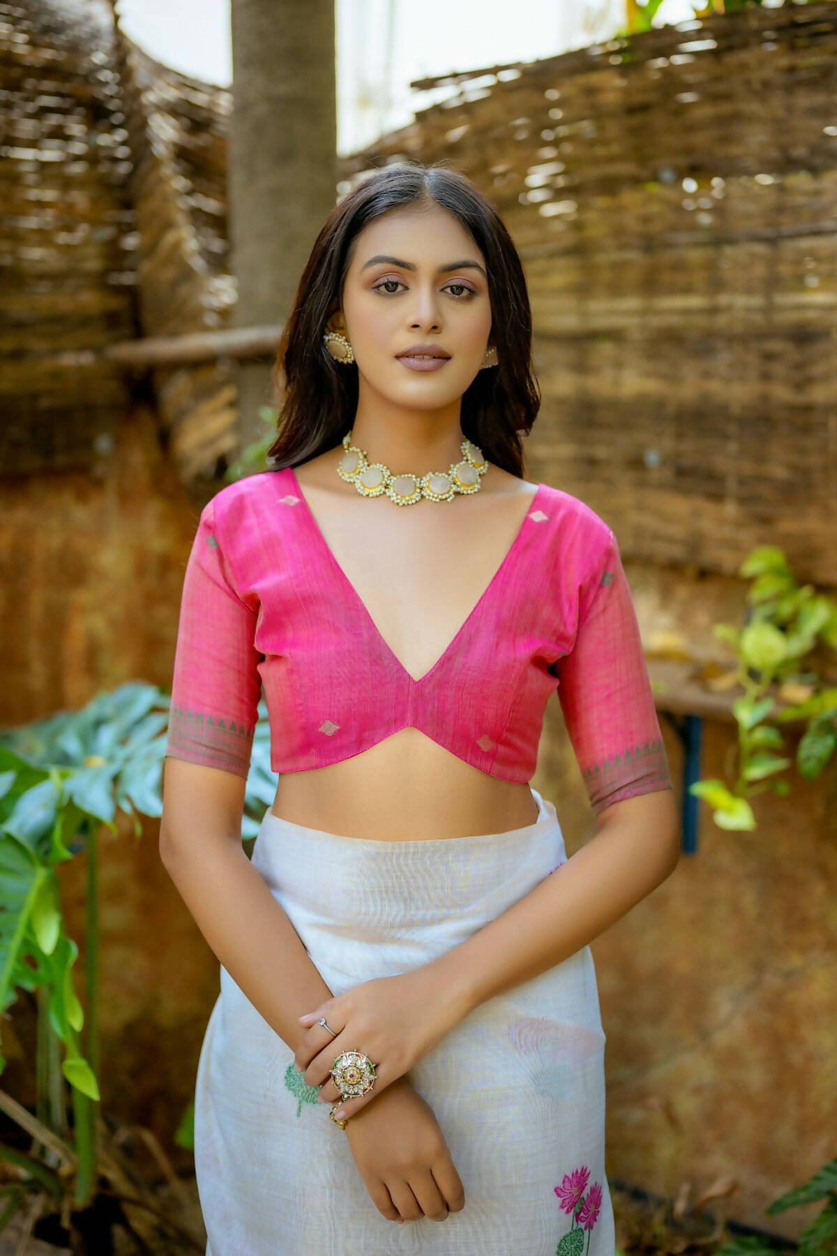 Vishnu Weaves Women's Pink Muga Cotton Woven Butti Saree with Blouse - Distacart