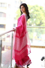 Thumbnail for Very Much Indian Pure Organic Linen Saree – Bright Pink (Hand-Dyed) - Distacart