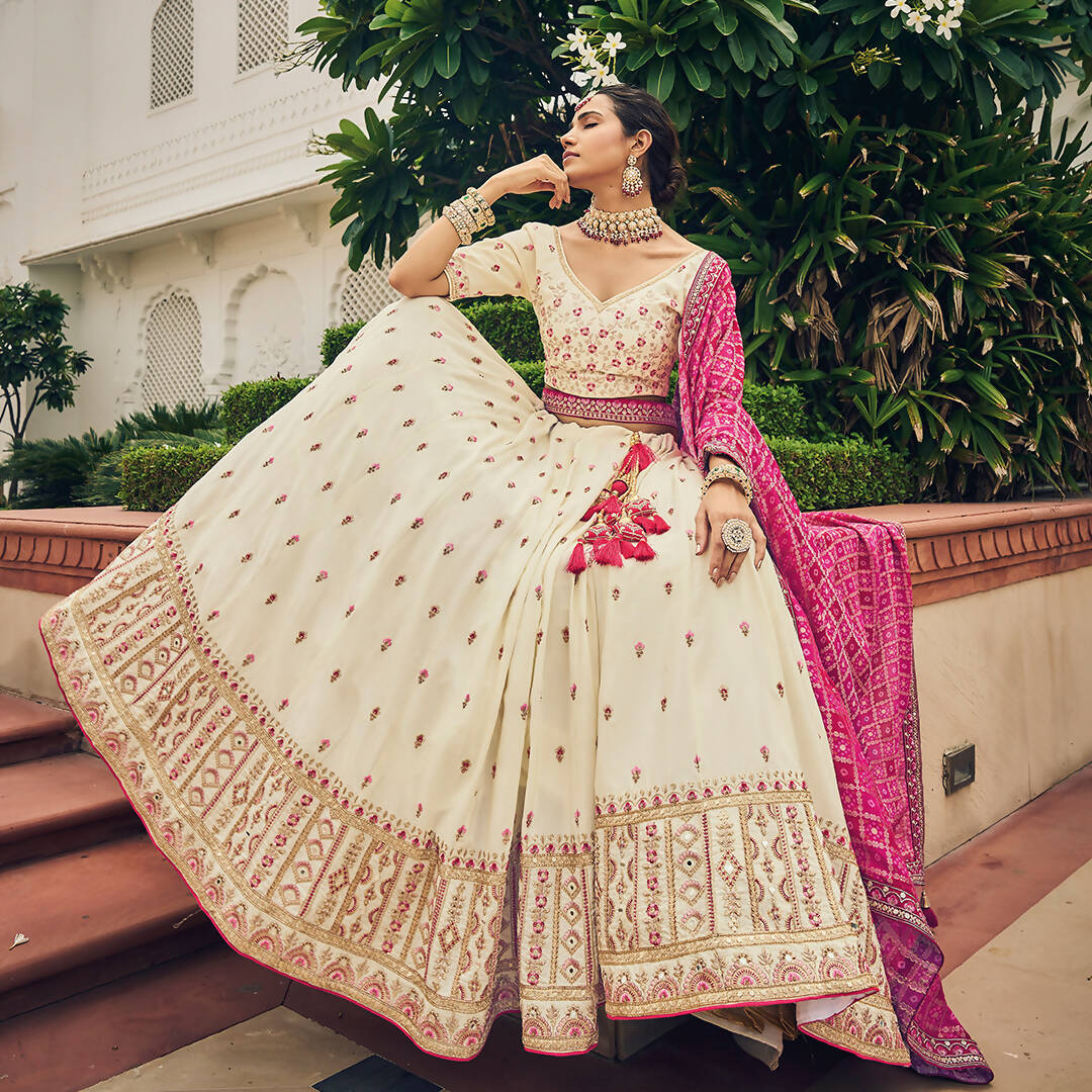 Cream Heavy Viscose Khatli, Embroidery & Mirror Work Unstitched Lehenga Choli - Sisha Keshav - Distacart