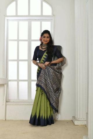 Vishnu Weaves Women's Olive Tussar Silk Temple Print Saree with Blouse - Distacart