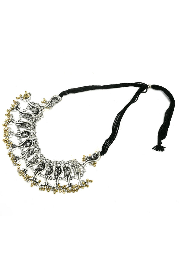 Mominos Fashion Johar Kamal Oxidised Silver-Plated Brass Finish Peacock Choker For Women (Silver/Golden) - Distacart