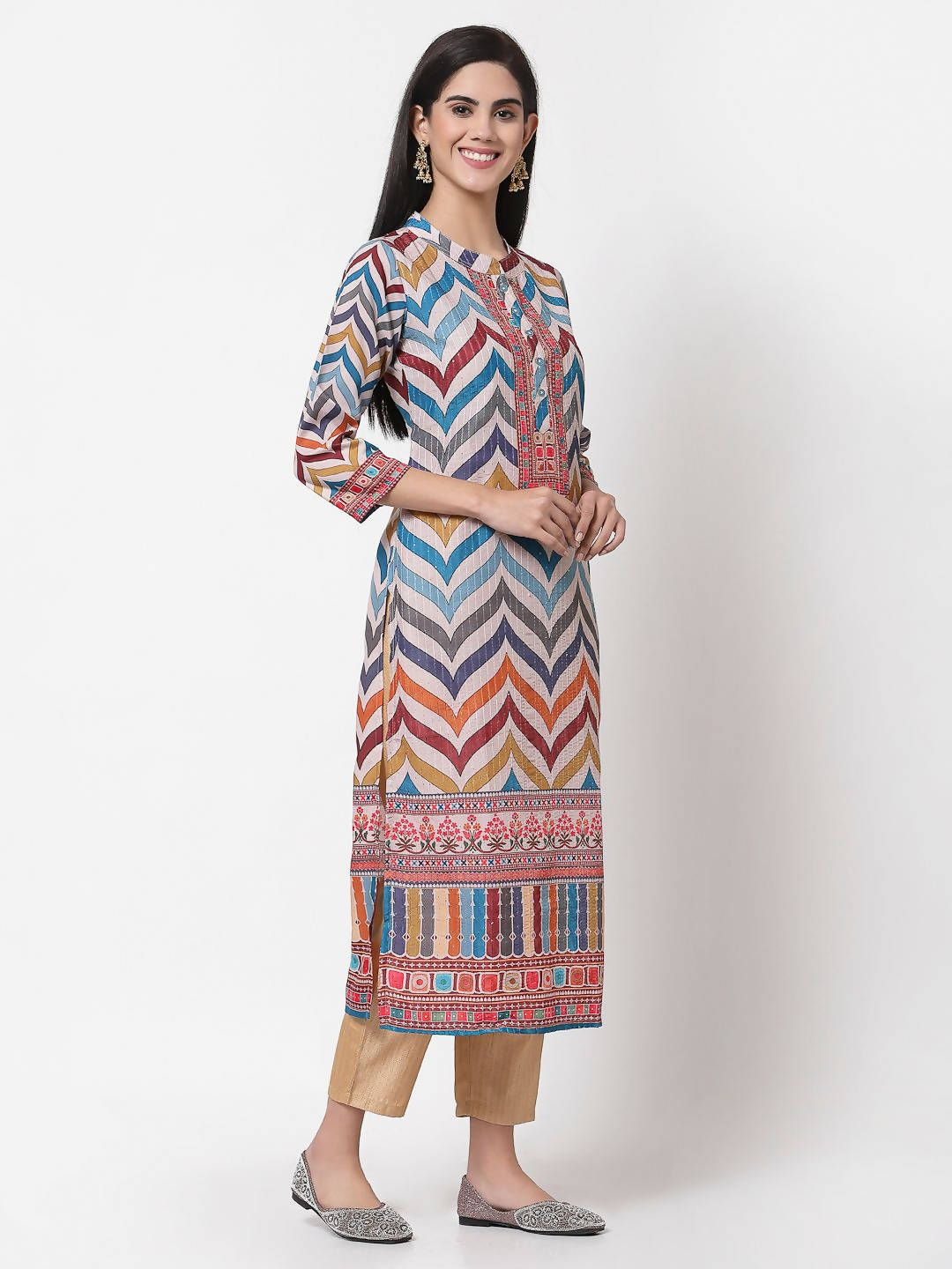Myshka Multi Silk Printed 3/4 Sleeve Round Neck Casual Kurta