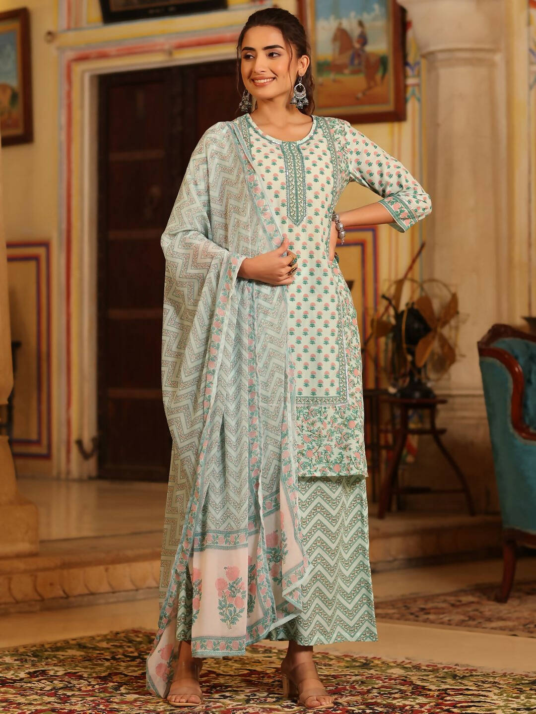 Juniper Women's Seagreen Cambric Floral Printed Kurta Palazzo Set - Distacart