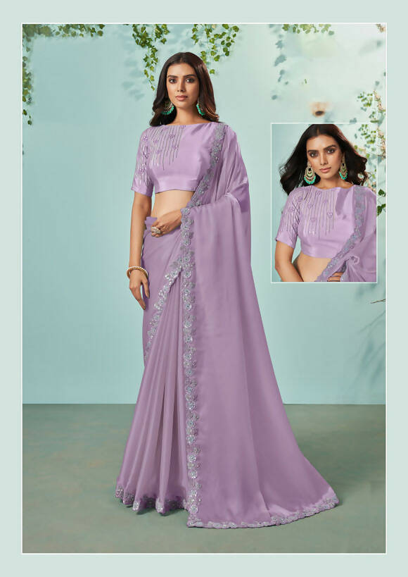 Purple Organza Silk Crepe Solid Saree With Unstitched Blouse Piece - Norita Ikshita - Distacart
