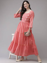 Thumbnail for Yufta Coral Pink Embellished Embroidered Ethnic Dress