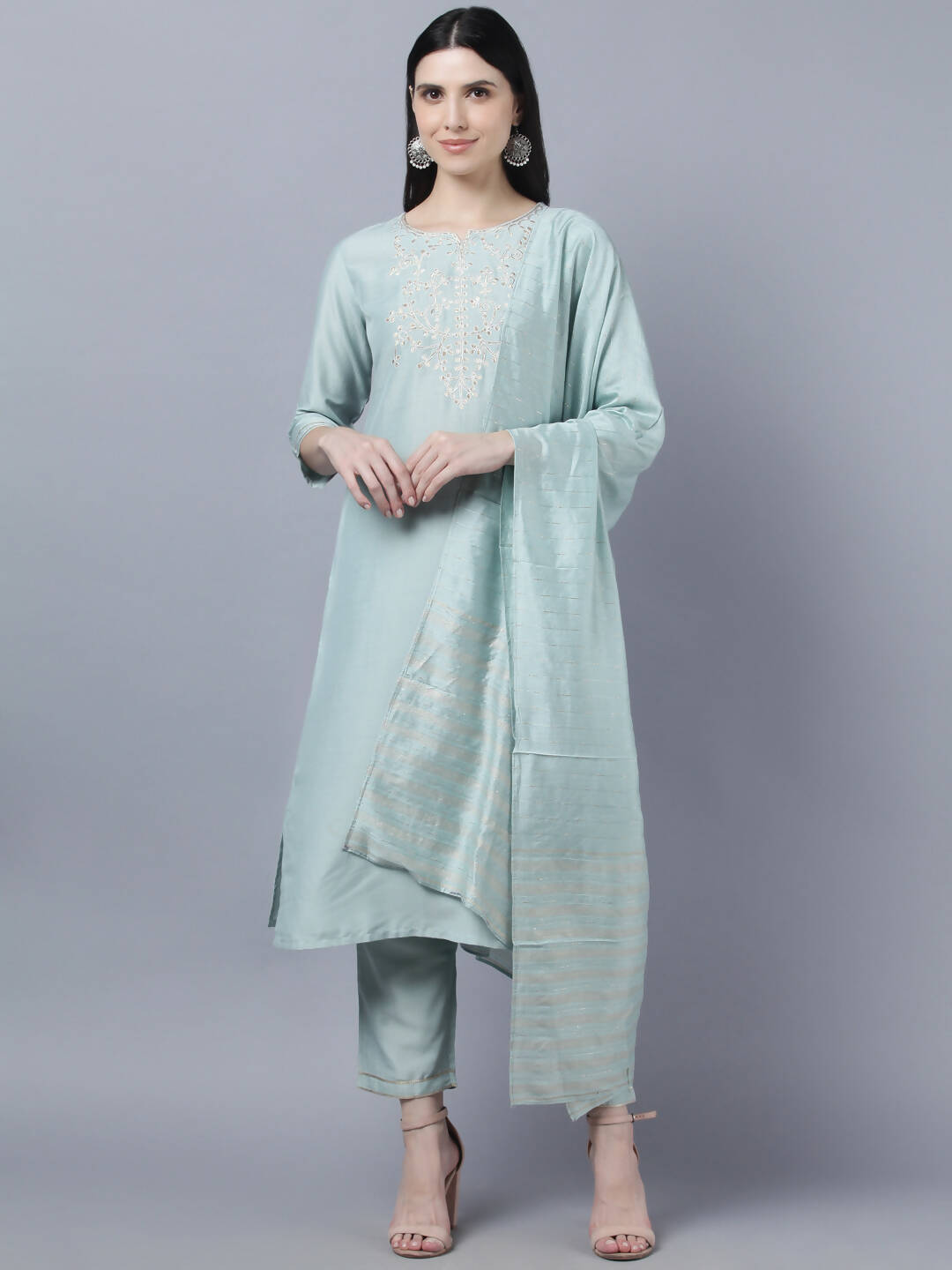 Myshka Women Grey Yoke Design Gotta Patti Kurta with Trousers Dupatta Set - Distacart