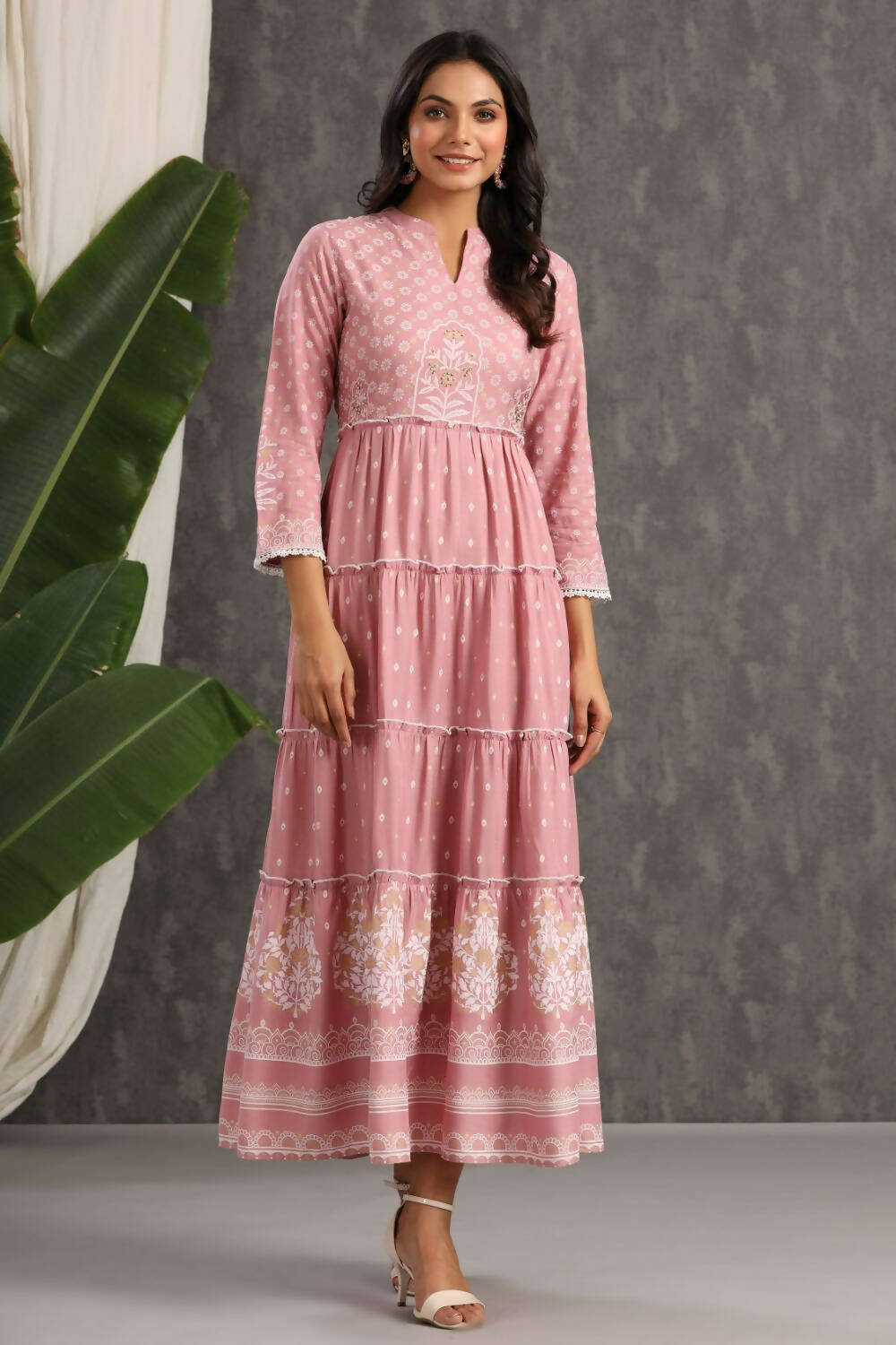 Juniper Womens Onion Pink Rayon Foil Printed Tiered Dress - Distacart