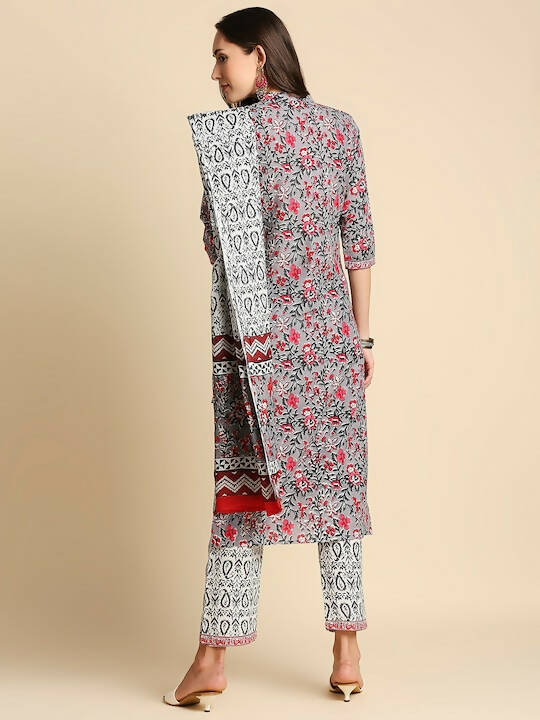 Anubhutee Women Grey & Pink Cotton Floral Kurta With Trousers & Dupatta - Distacart