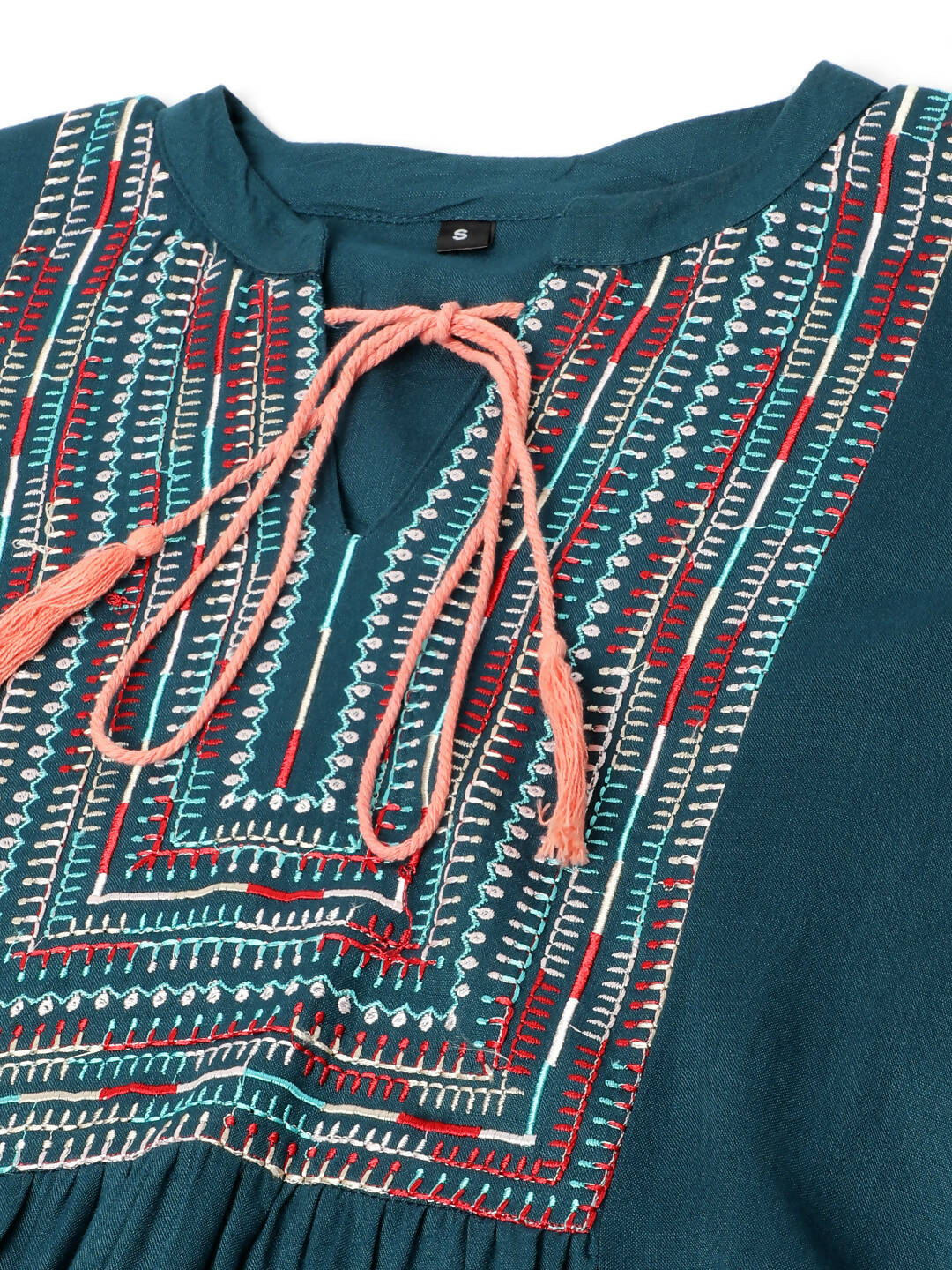 Teal Rayon Yoke Embroidered A-line Top - Tarini - Distacart