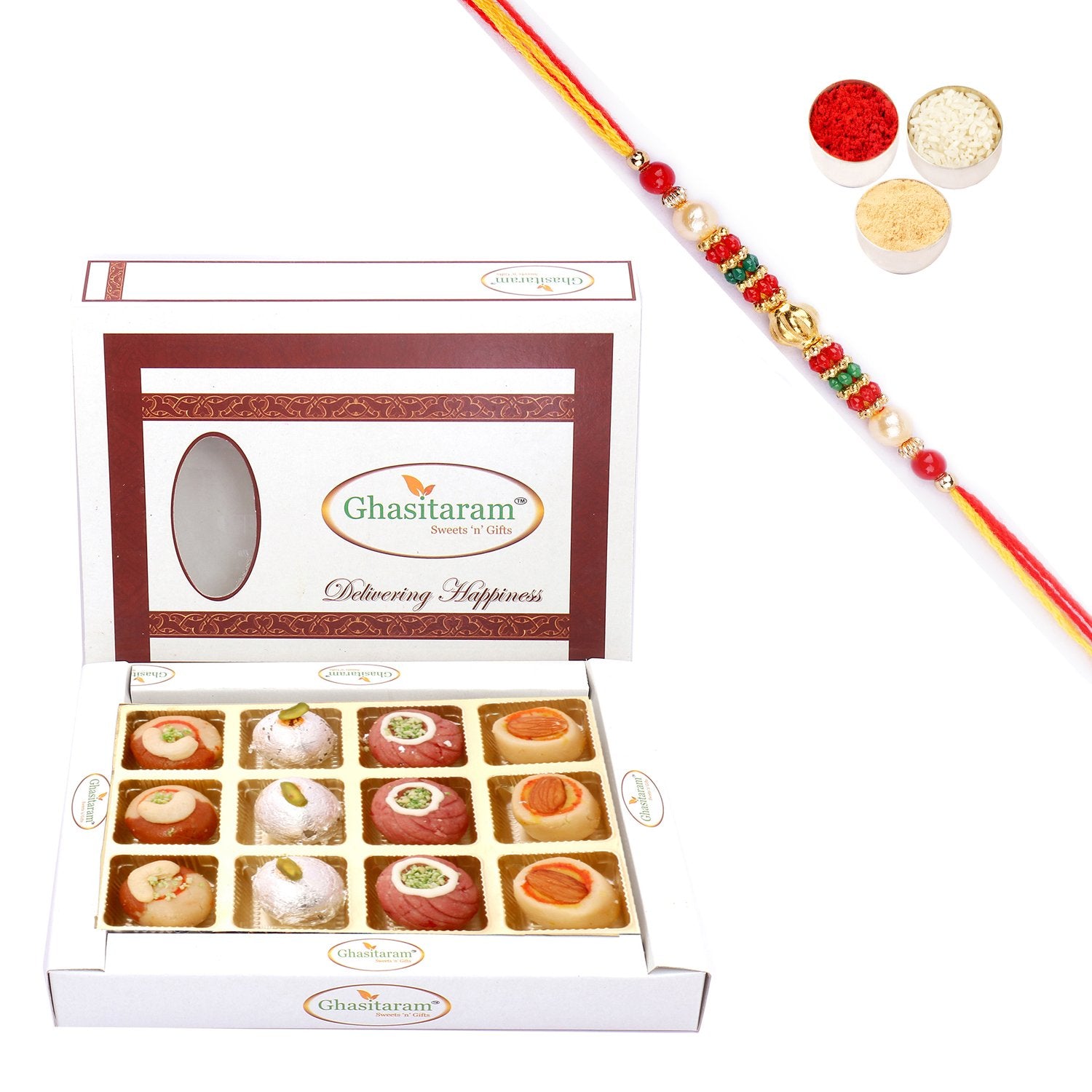 Ghasitaram Assorted Sweets in White Box With Pearl Beads Rakhi - Distacart