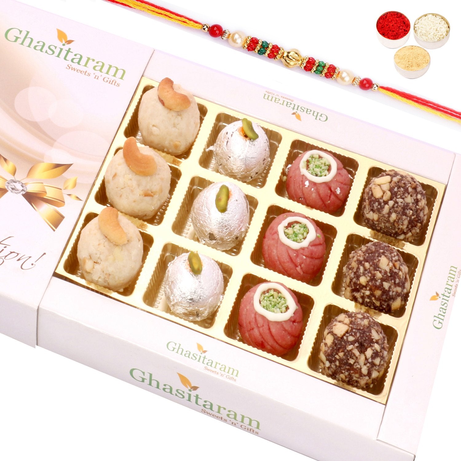 Ghasitaram Assorted Dryfruit Sweets in White Box With Pearl Beads Rakhi - Distacart