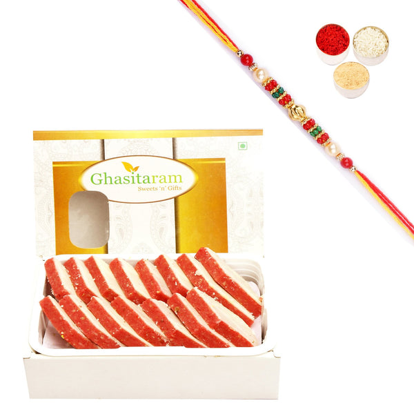 Ghasitaram Irish kaju Katli With Pearl Beads Rakhi - Distacart