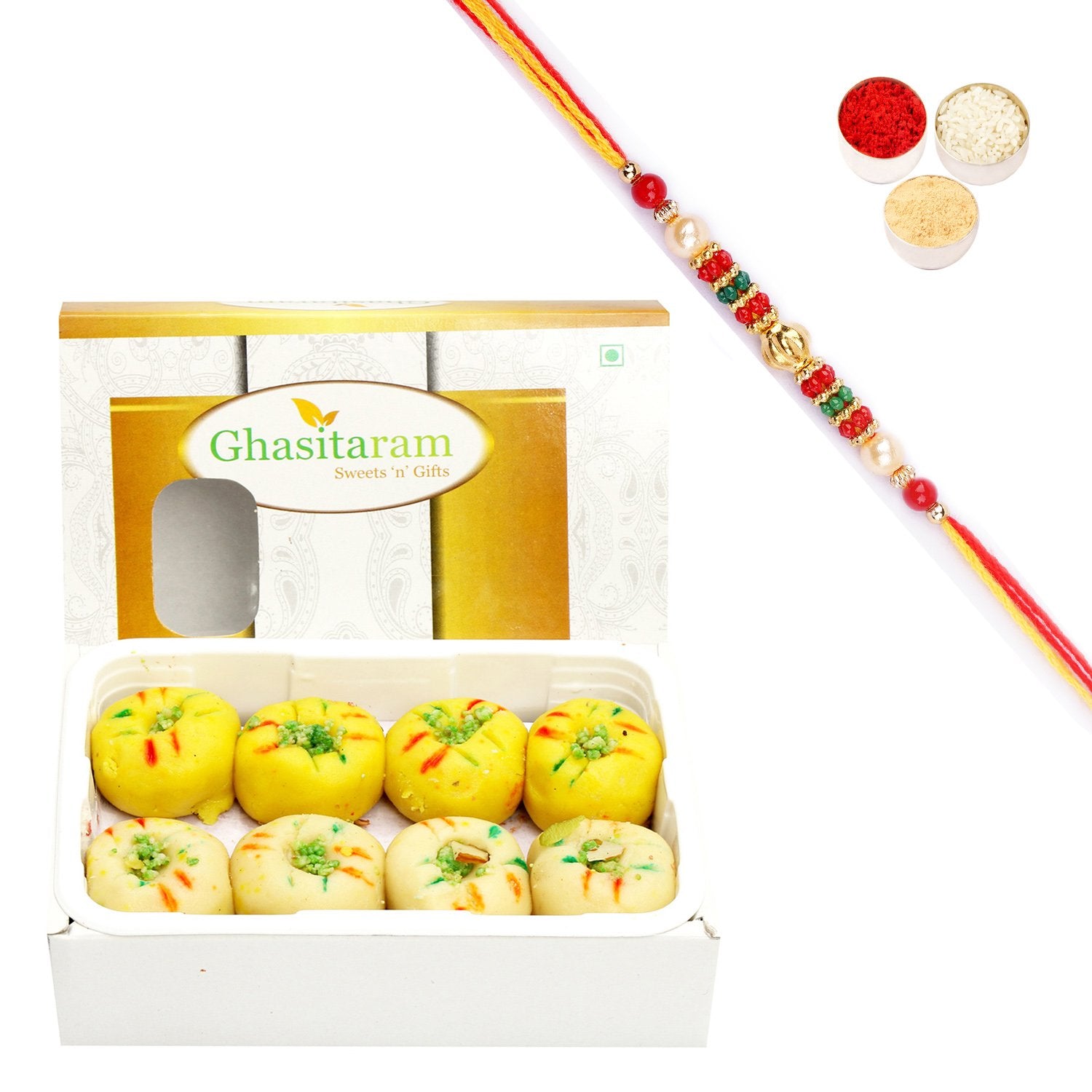 Ghasitaram Mawa Peda Box With Pearl Beads Rakhi - Distacart