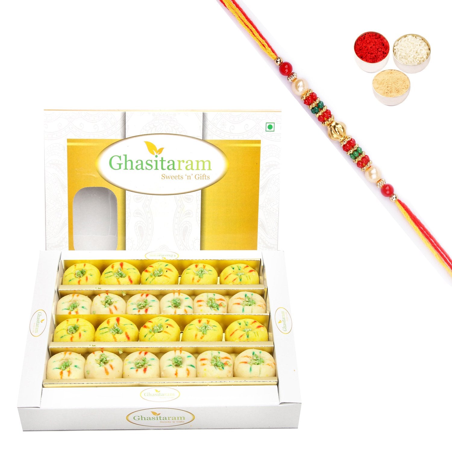 Ghasitaram Mawa Peda Box With Pearl Beads Rakhi - Distacart