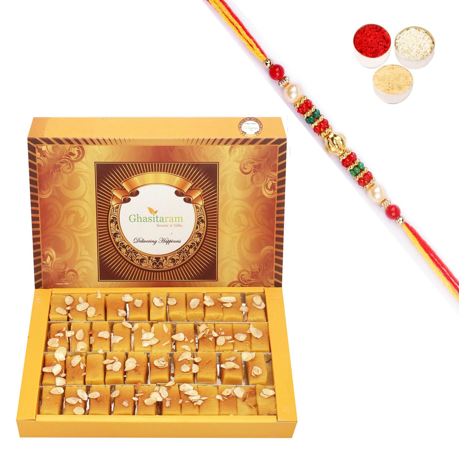 Ghasitaram Soft Mysore pak With Pearl Beads Rakhi - Distacart