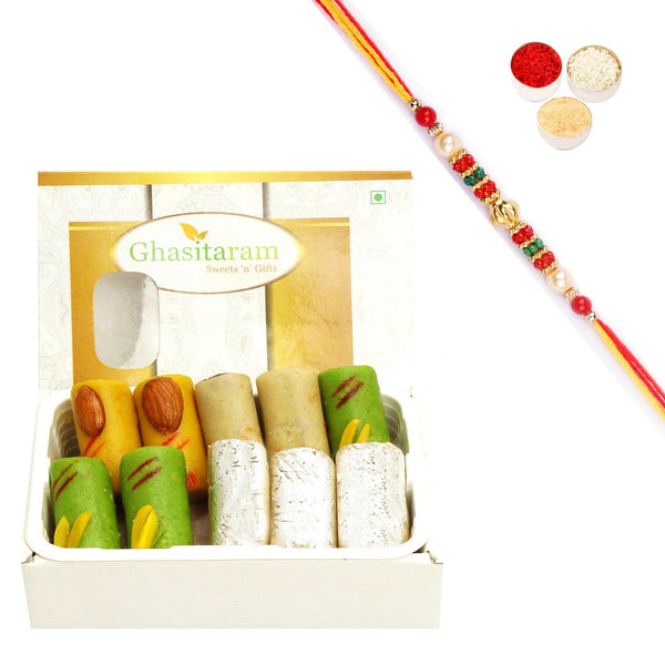 Ghasitaram Assorted Rolls Box With Pearl Beads Rakhi - Distacart