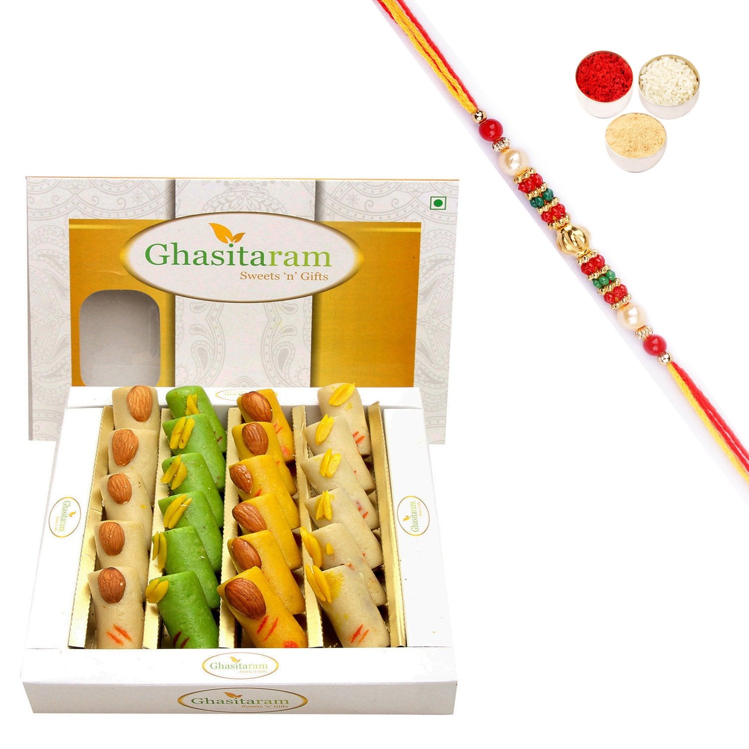 Ghasitaram Assorted Rolls Box With Pearl Beads Rakhi - Distacart