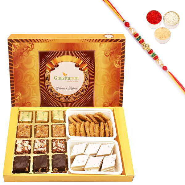 Ghasitaram Assorted Bites, Kaju Katli and Methi Mathi With Pearl Beads Rakhi - Distacart