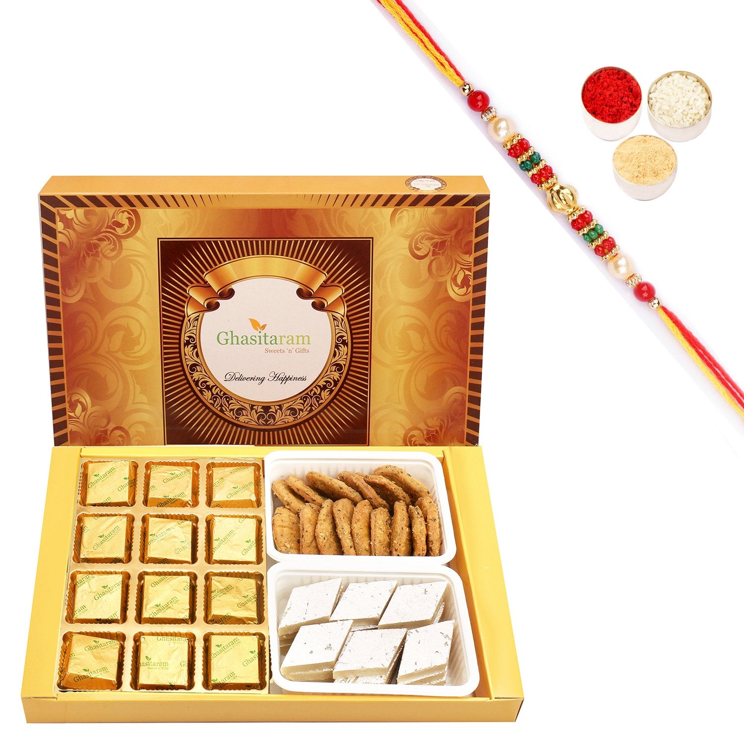 Ghasitaram Mewa Bites, Kaju Katli and Methi Mathi With Pearl Beads Rakhi - Distacart