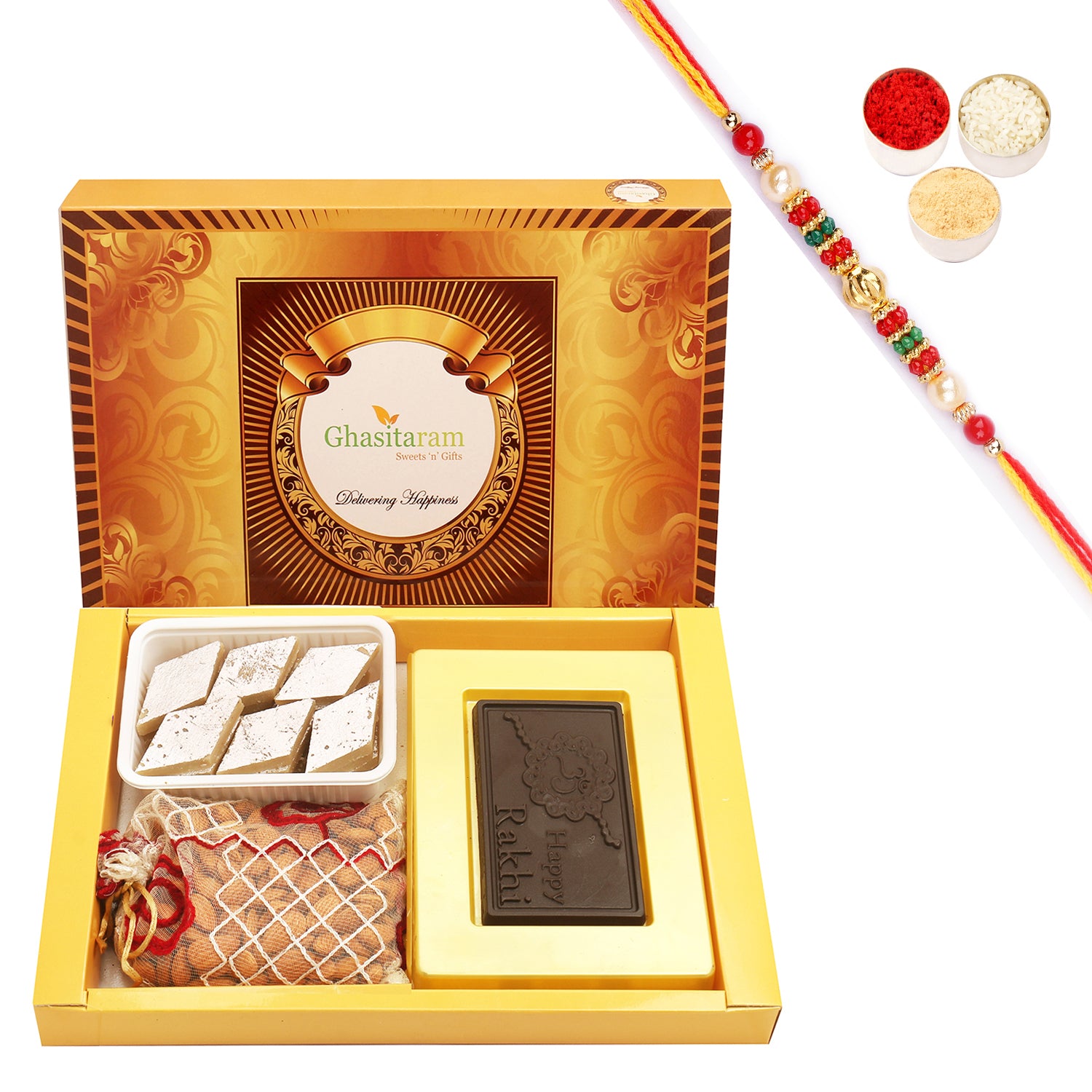 Ghasitaram Happy Rakhi Chocolate, Almonds and Kaju Katli With Pearl Beads Rakhi - Distacart