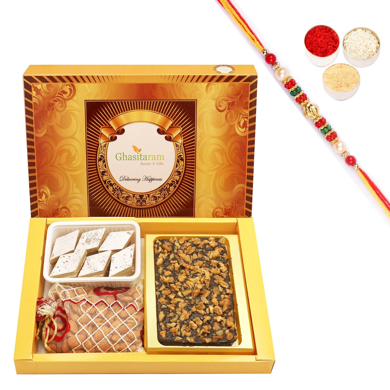 Ghasitaram Walnut Chocolate Bark, Almonds and Kaju Katli With Pearl Beads Rakhi - Distacart