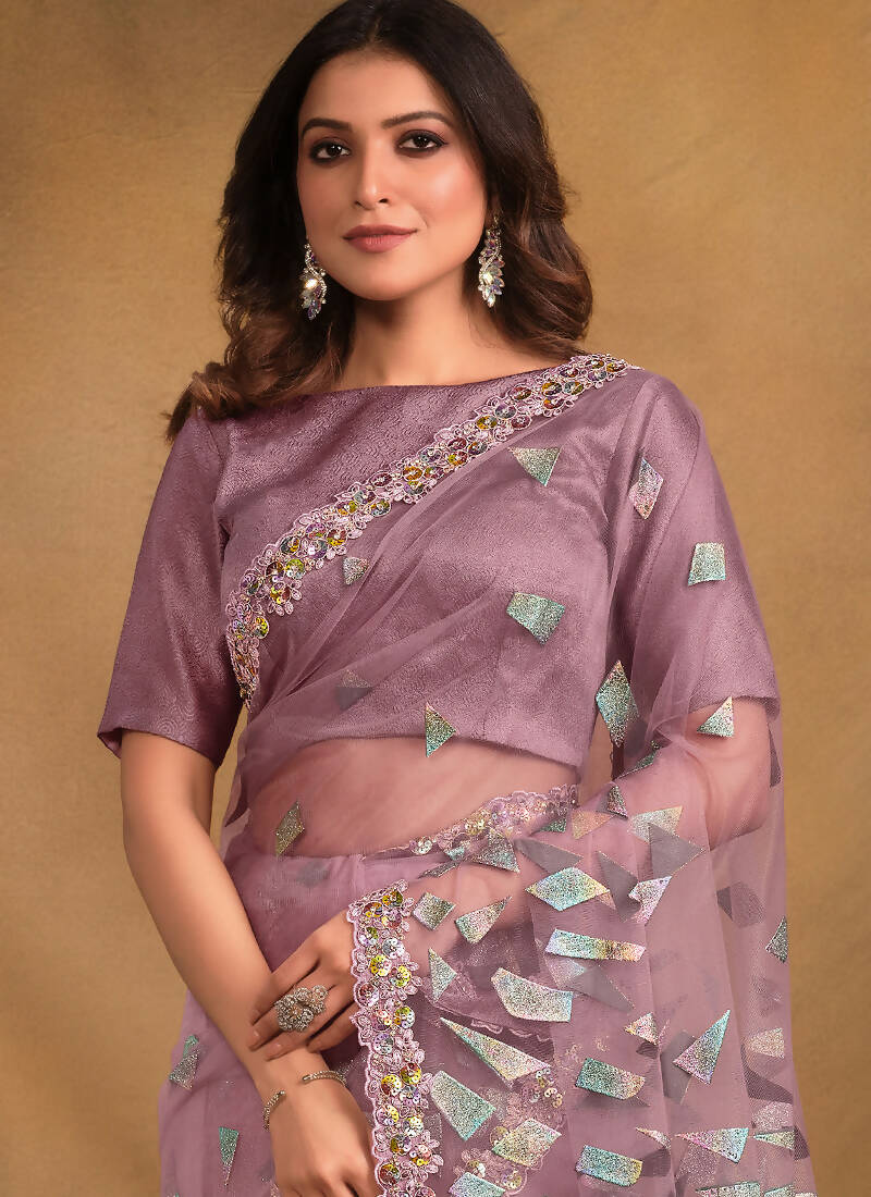 Light Purple Velvet Texture Net Designer Saree with Unstitched Blouse - Norita Mahitha - Distacart