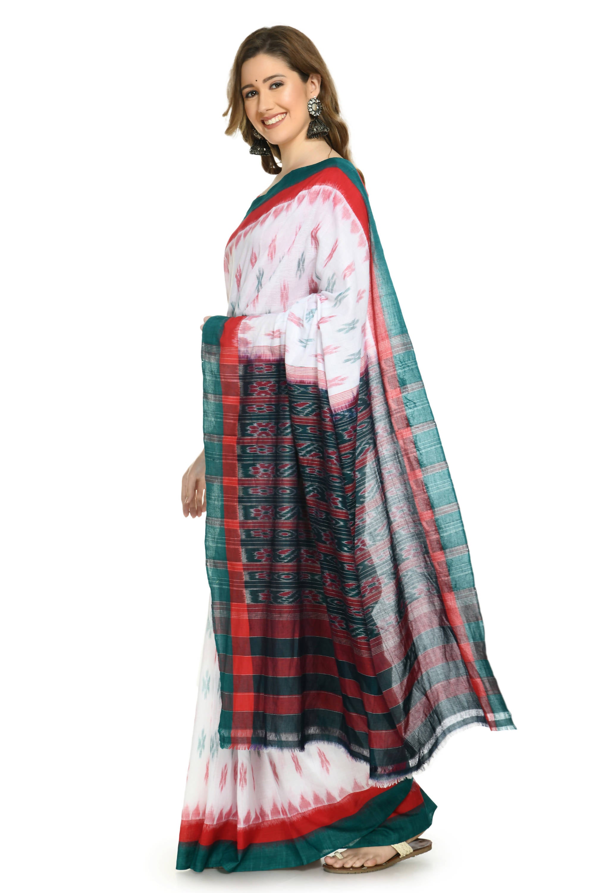 Vamika Sambalpuri Ikat Cotton Dehabandha White, Red & Green Saree - Distacart