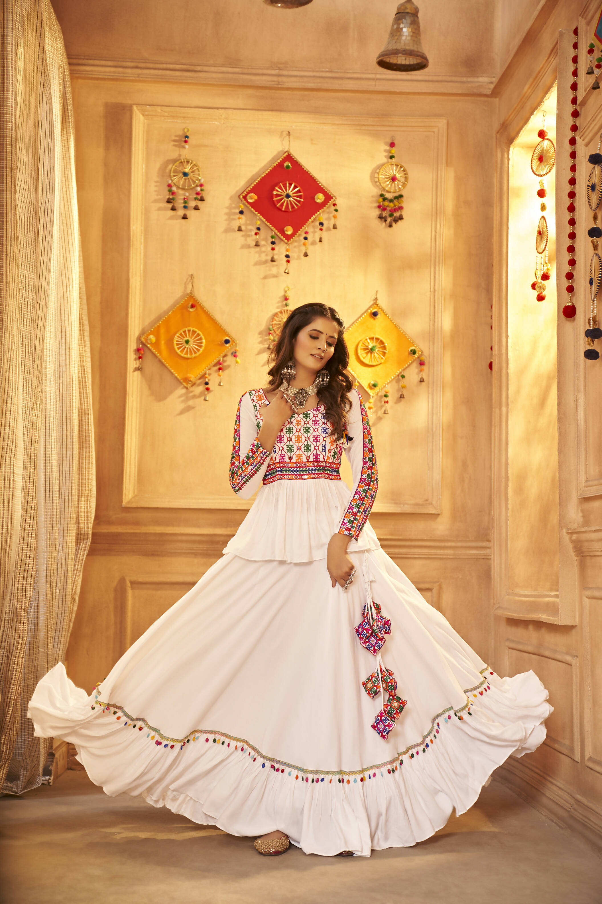 White Viscose Rayon Navratri Lehenga Choli With Dupatta - Raas - Distacart