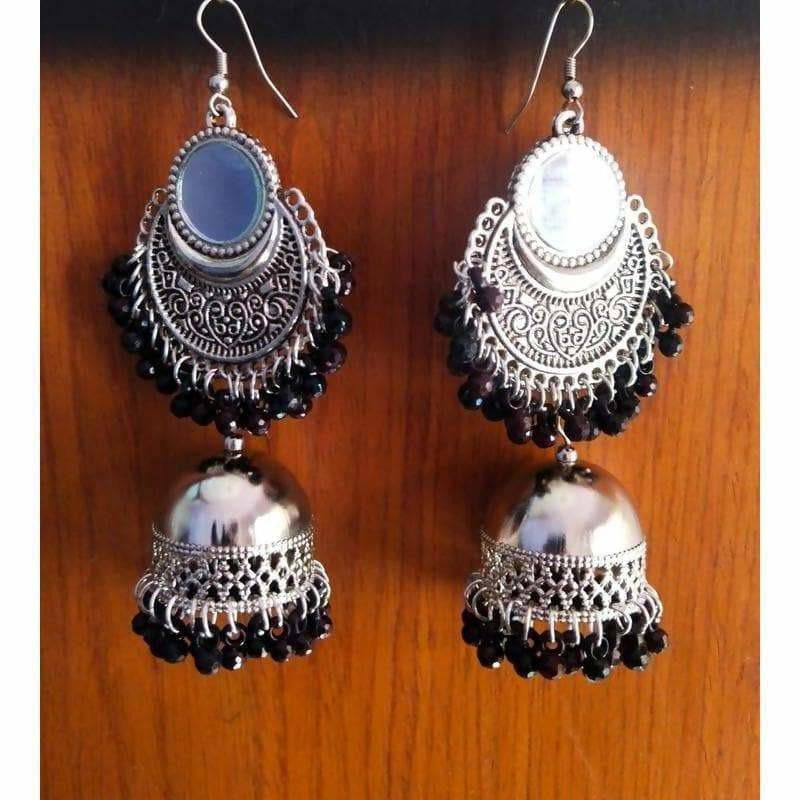 Silver Oxidized Traditional Chandbali Earrings With Black Beads And Mirror Tassels