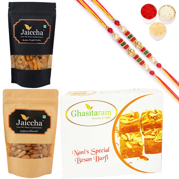Ghasitaram Besan Barfi, Butter Chakli Sticks and Almonds With 2 Pearl Beads Rakhis - Distacart