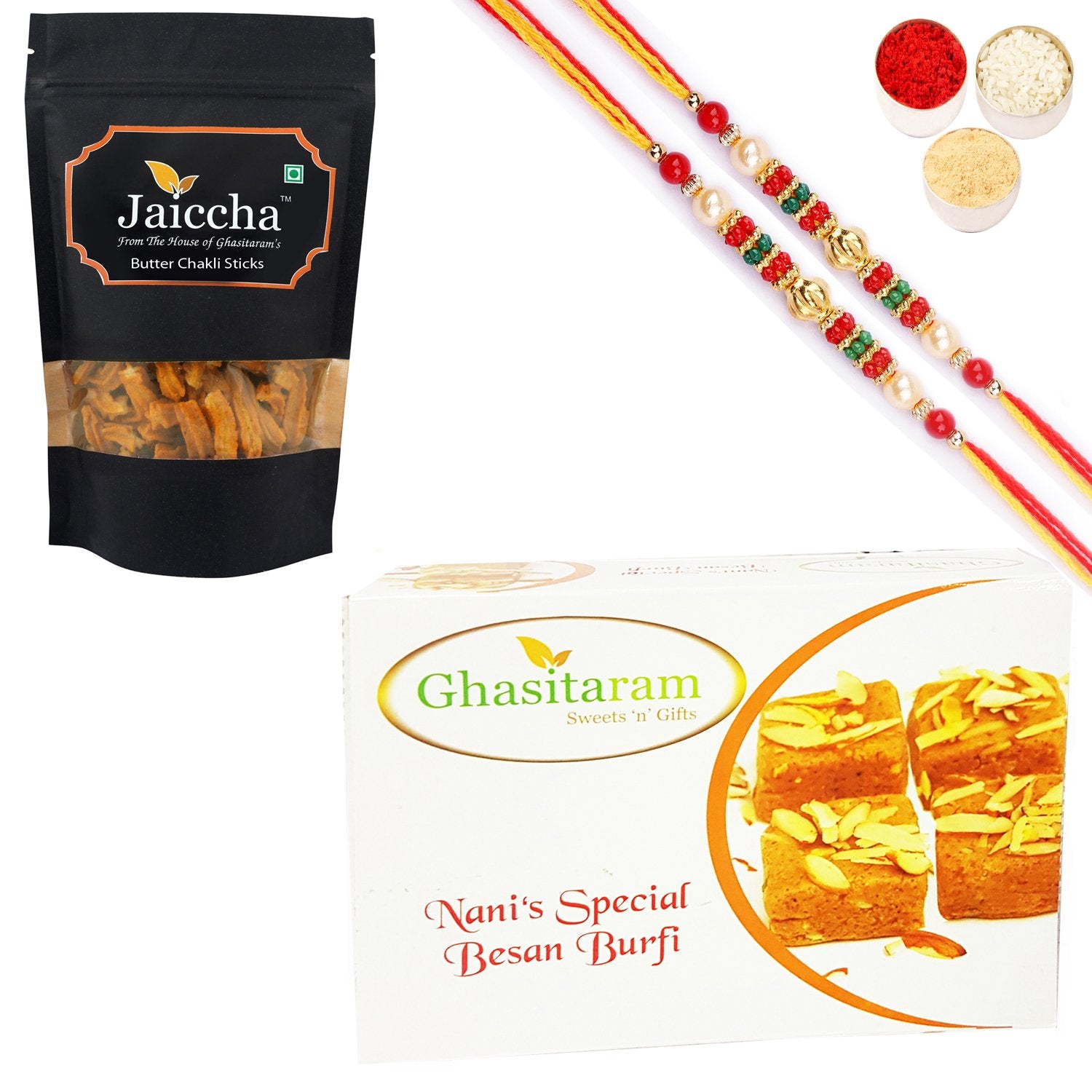 Ghasitaram Besan Barfi and Butter Chakli Sticks With 2 Pearl Beads Rakhis - Distacart
