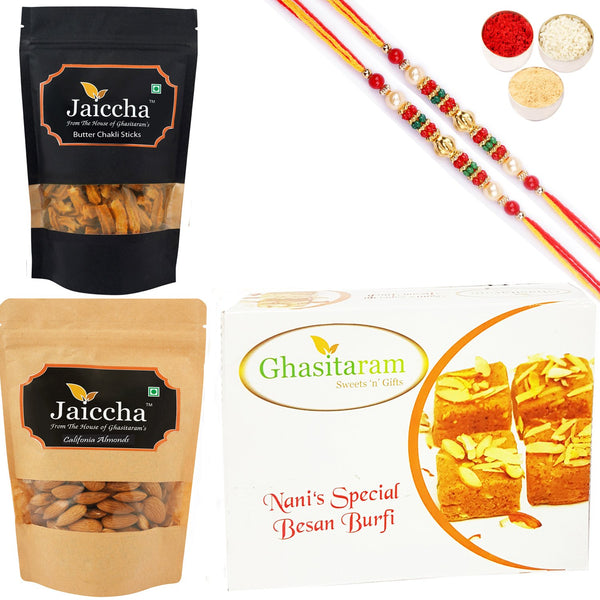 Ghasitaram Besan Barfi, Methi Mathi and Almonds With 2 Pearl Beads Rakhis - Distacart