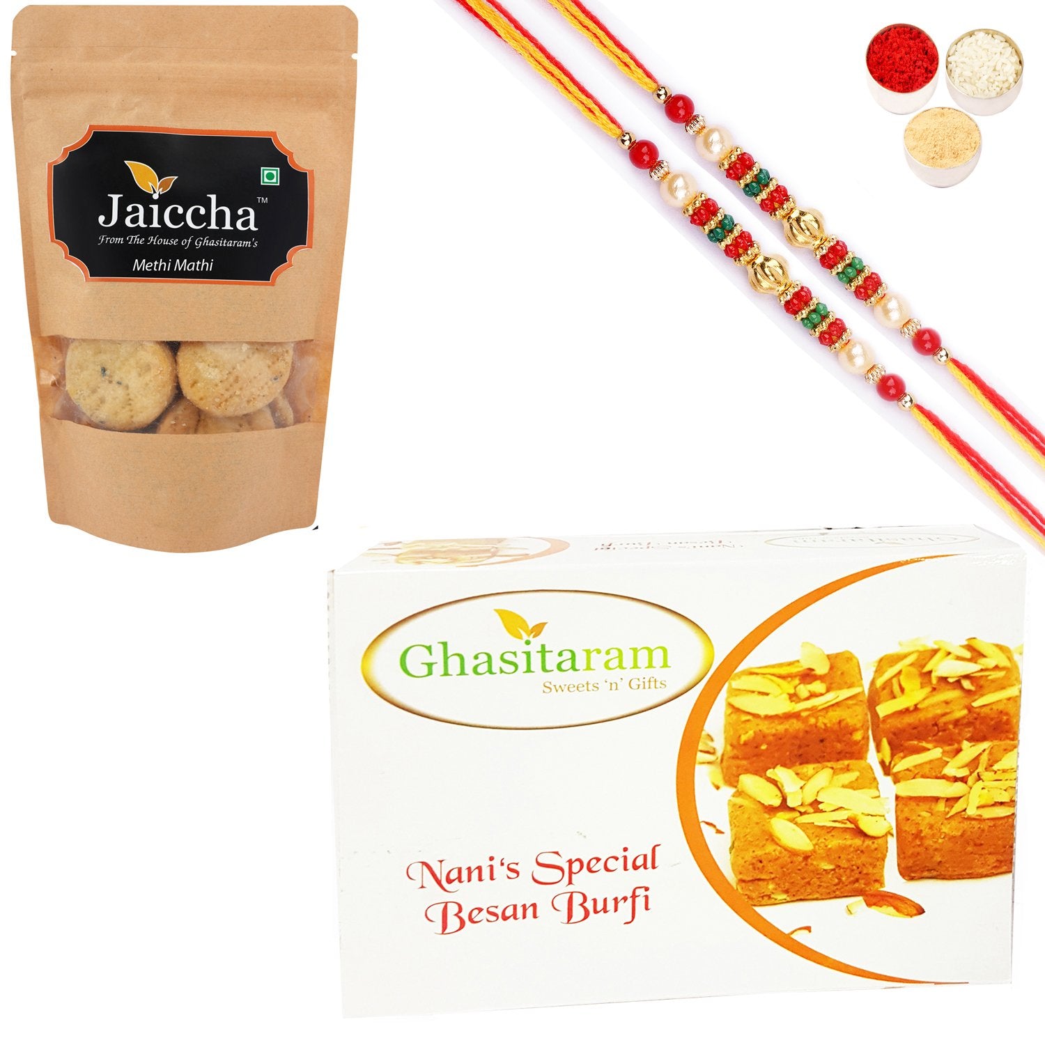 Ghasitaram Besan Barfi and Methi Mathi With 2 Pearl Beads Rakhis - Distacart