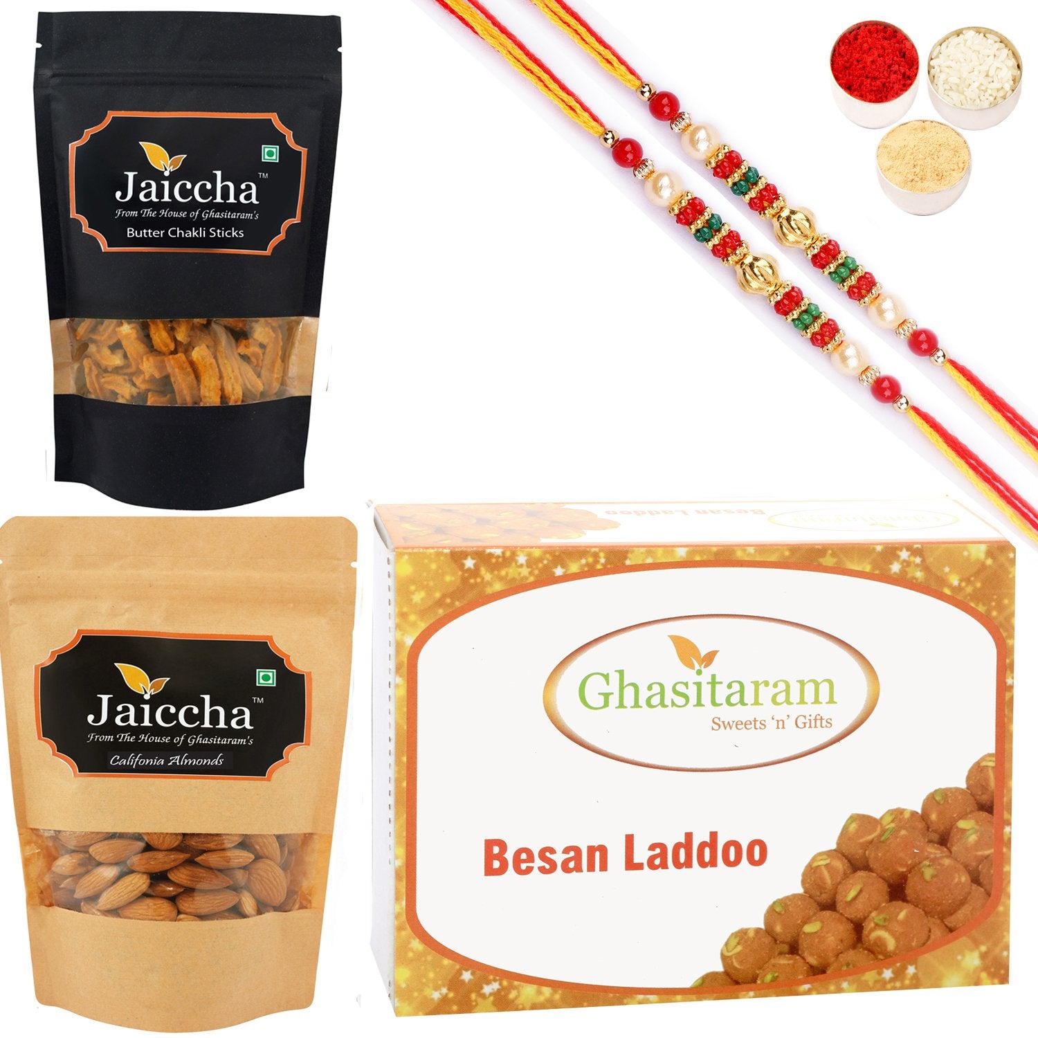 Ghasitaram Besan Laddoo, Butter Chakli Sticks and Almonds With 2 Pearl Beads Rakhis - Distacart