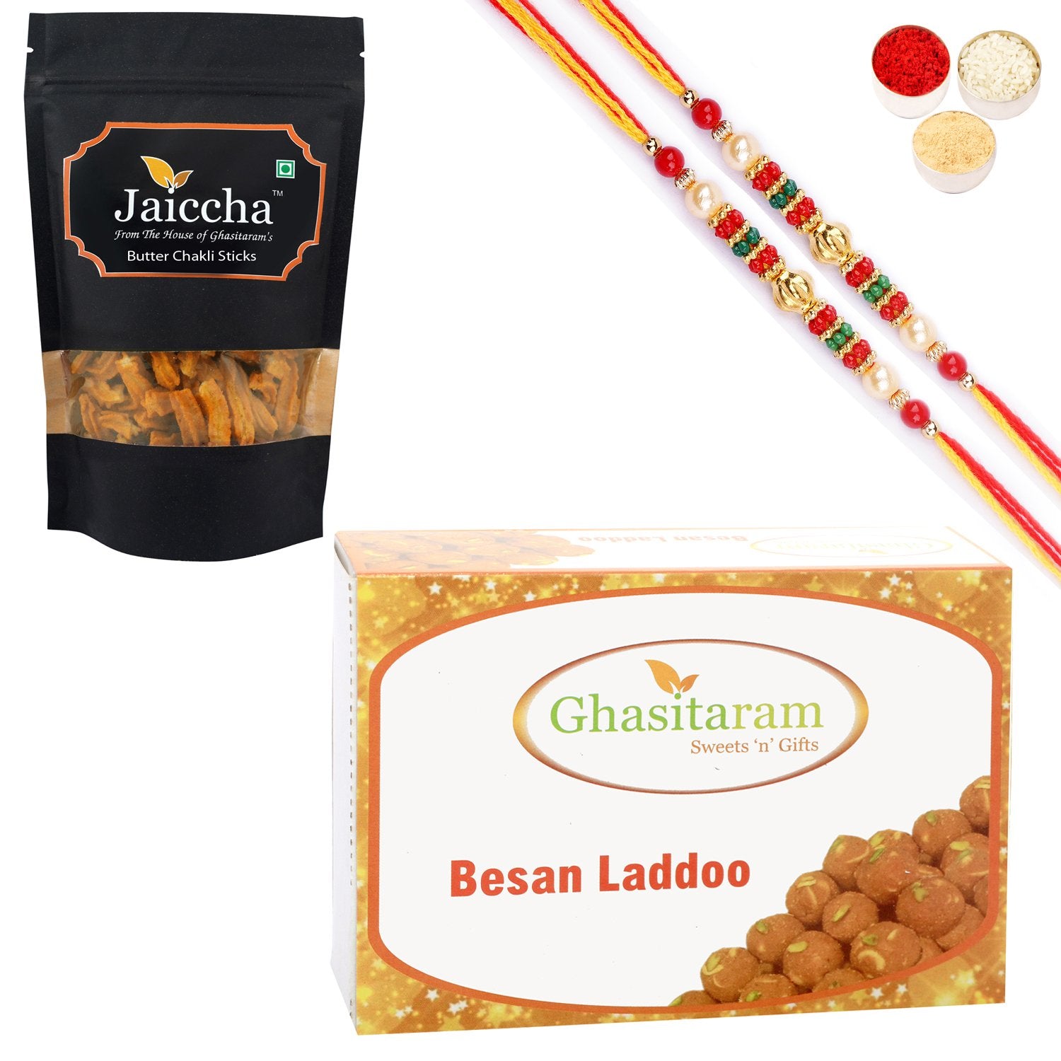 Ghasitaram Besan Laddoo and Butter Chakli Sticks With 2 Pearl Beads Rakhis - Distacart
